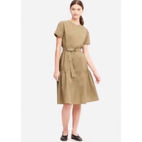 Uniqlo Dresses & Skirts - Uniqlo Womens Khaki Tan Tiered Belted Short Sleeve Midi Dress Cotton Blend‎ L